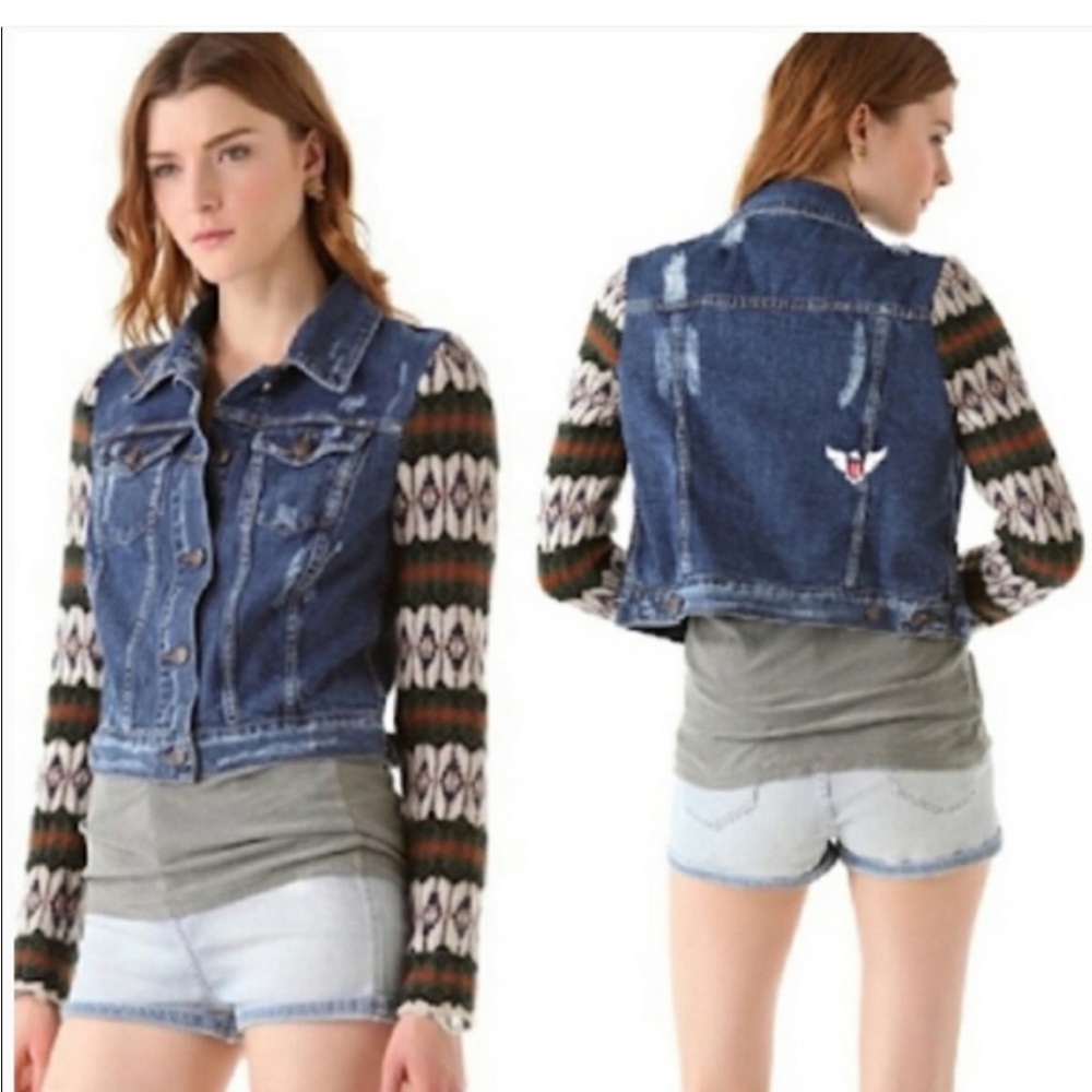 FREE PEOPLE denim jean jacket crop with tribal Aztec pattern wool sleeves medium